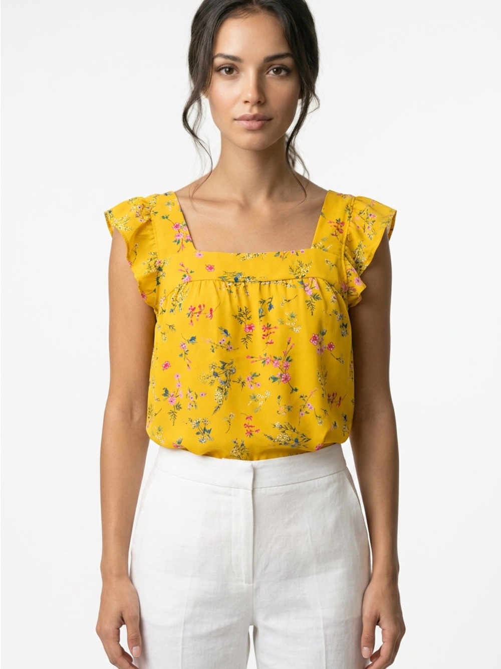 Pleione Anthropologie Womens Sm Yellow Floral Square Neck Flutter Slv Summer Top